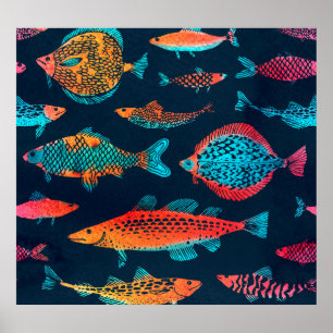 Póster Peces acuarelas: Azul profundo sin foco