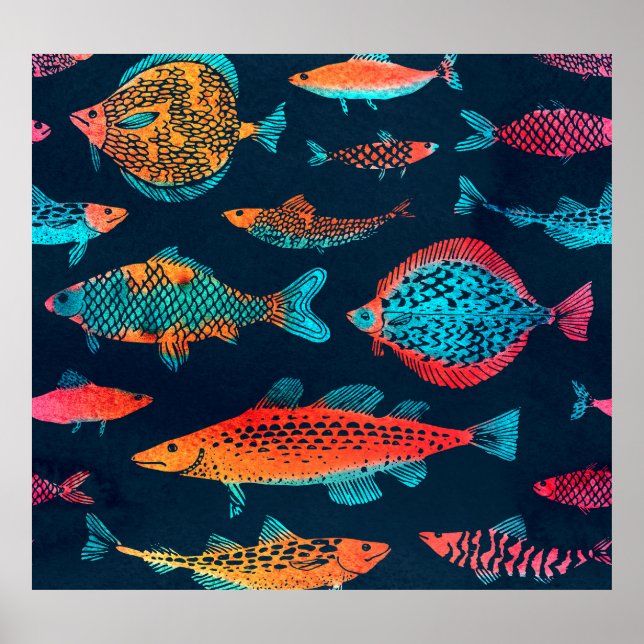 Póster Peces acuarelas: Azul profundo sin foco (Frente)