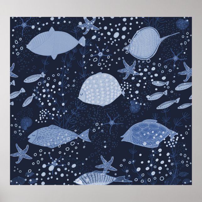 Póster Peces dormidos monocromos, patrón oscuro. (Frente)
