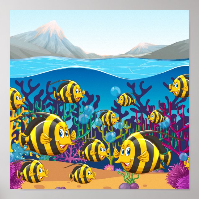 Póster peces nadando bajo el mar (Frente)