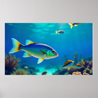 Póster Peces tropicales flotando en agua de mar azul prof