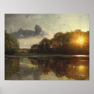 Póster Peder Monsted - Atardecer sobre un lago forestal