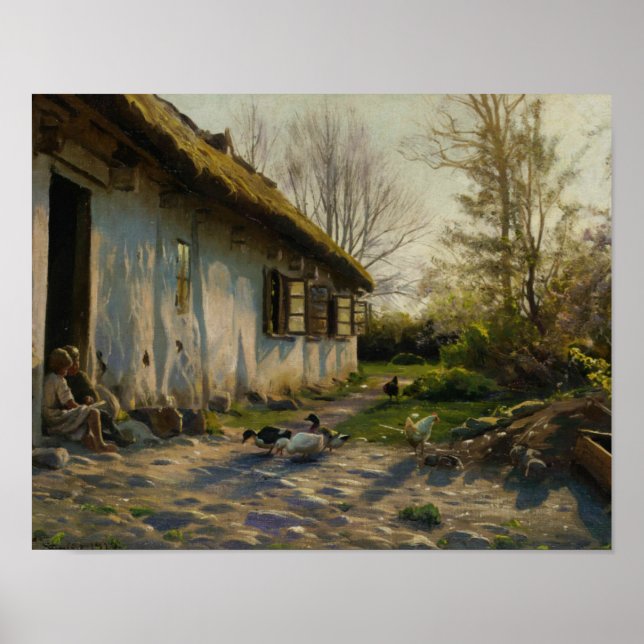 Póster Peder Monsted - Niños alimentando pollos al amanec (Frente)