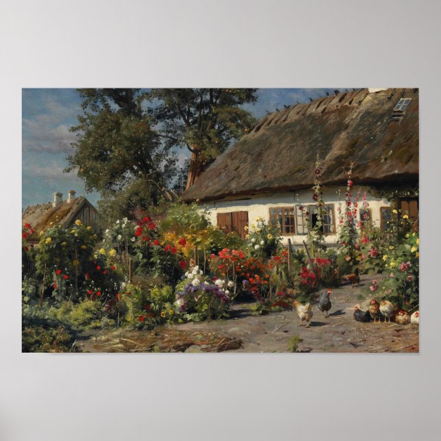 Póster Peder Monsted - Un Jardín de Cabaña con Pollos (Frente)