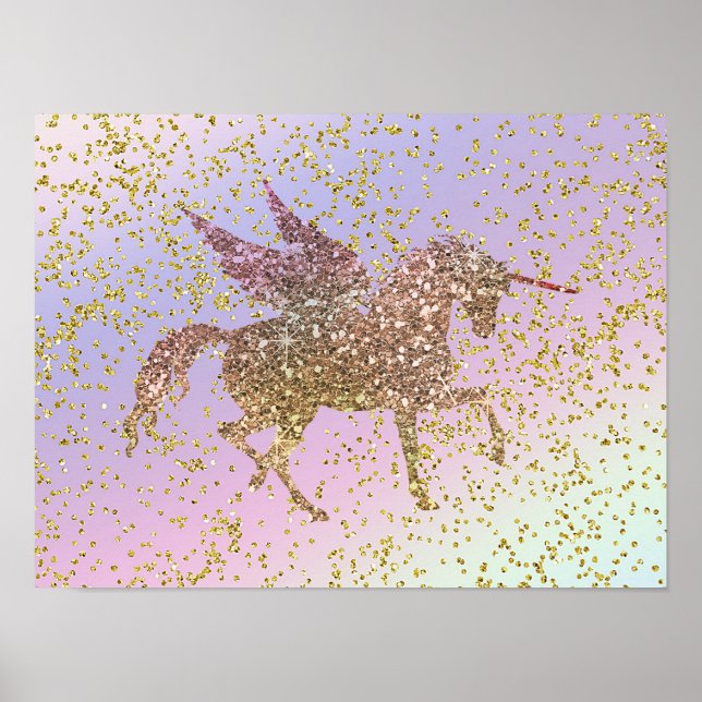 Póster Pegaso Unicornio Glitter Dorado Pastel Arcoíris (Frente)