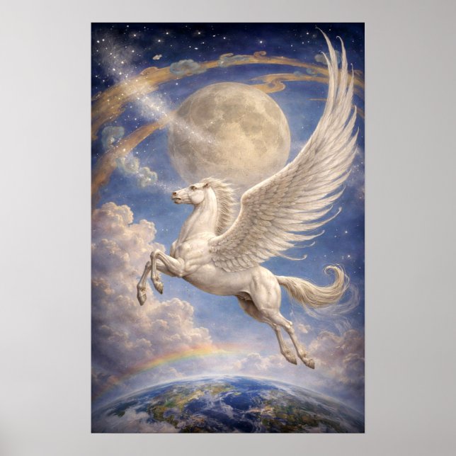 Póster Pegasus Flying Between Earth And Moon Fantasy Art (Frente)