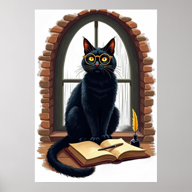 Póster Pegatina de biblioteca de lector de gato de academ (Frente)