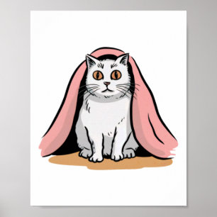 Póster Pegatina de gato blanco debajo de una manta rosa