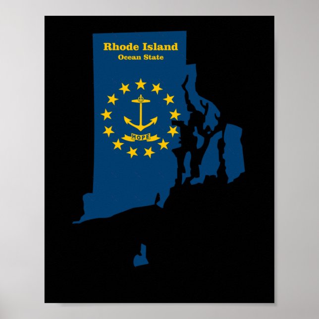 Póster Pegatina de la bandera del mapa de la isla Rhode (Frente)
