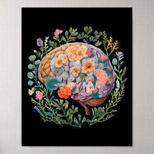 Póster Pegatina de Salud Mental del Cerebro Anatómico Flo