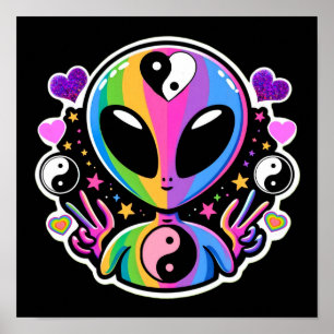 Póster Pegatina de Yin Yang Alien Arcoíris Signo de Paz