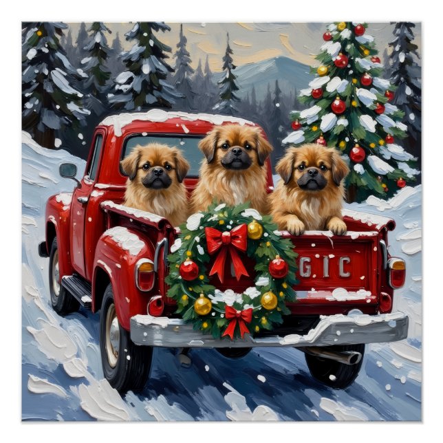 Póster Pekingese Christmas Red Truck Holiday (Anverso)