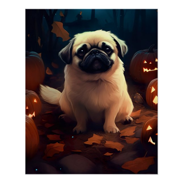 Póster Pekingese de Halloween con calabazas aterradoras (Anverso)