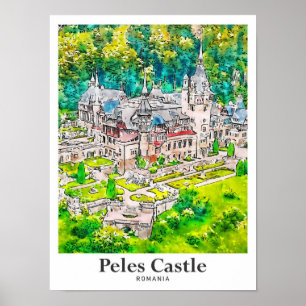 Póster Peles Castle Rumania Viaje con la mano de color de