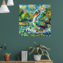 Pelican en el amarillo azul floral de Wonderland