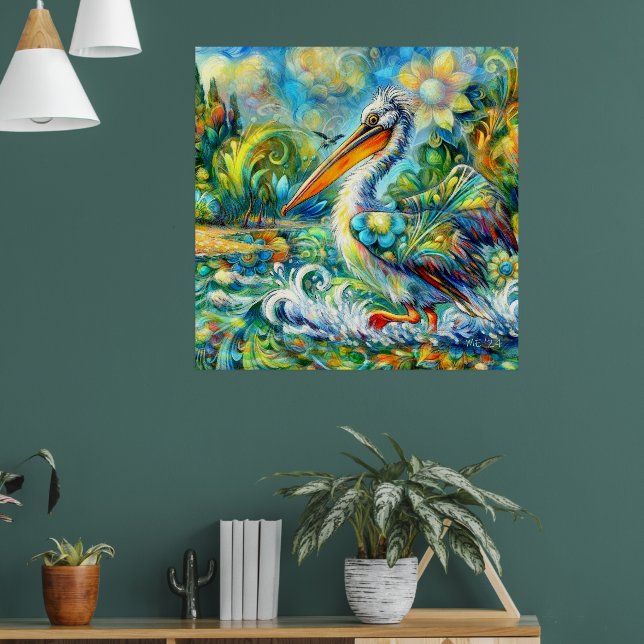 Póster Pelican en el amarillo azul floral de Wonderland (Salón 1)