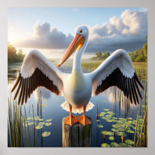 Póster Pelícano blanco norteamericano elegante en humedal