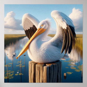 Póster Pelícano blanco norteamericano elegante en humedal