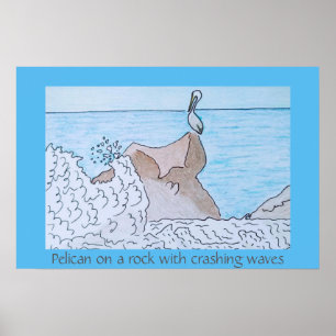 Póster Pelícano en una roca con olas que rompen