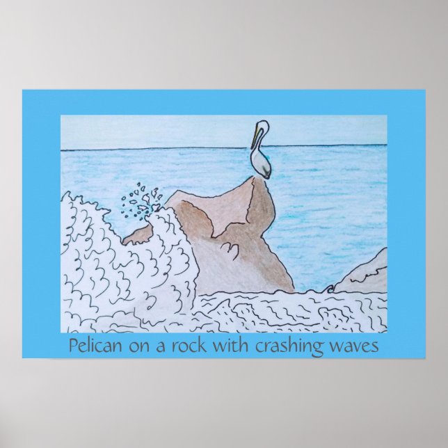 Póster Pelícano en una roca con olas que rompen (Frente)