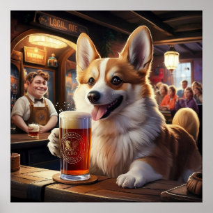 Póster Pembroke Corgi bebiendo una cerveza en el pub