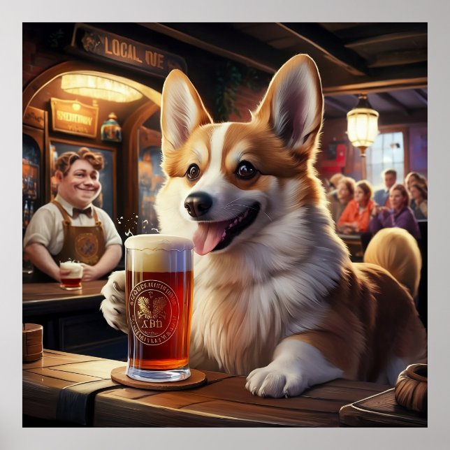 Póster Pembroke Corgi bebiendo una cerveza en el pub (Frente)