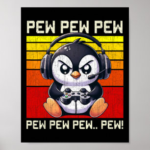 Póster Penguin Gamer Pew Divertidos Videojuegos Vintage C