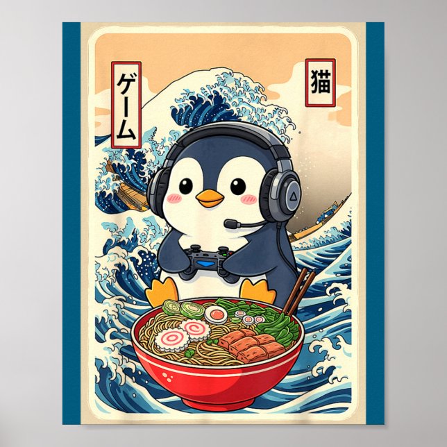 Póster Penguin Kawaii Japanese Ramen Noodle Retro Gaming  (Frente)