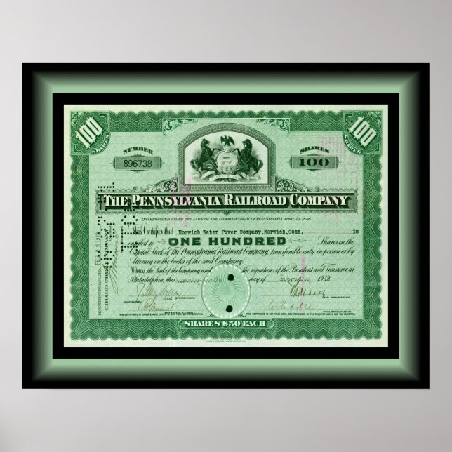 Póster Pennsylvania Railway Company ~ Certificado de exis (Frente)