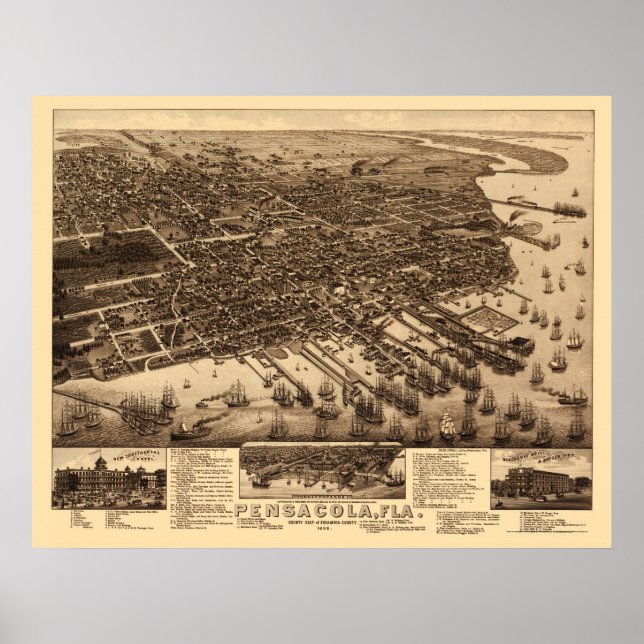Póster Pensacola, FL Panoramic Map - 1885 (Frente)