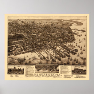 Póster Pensacola, mapa panorámico de FL - 1885