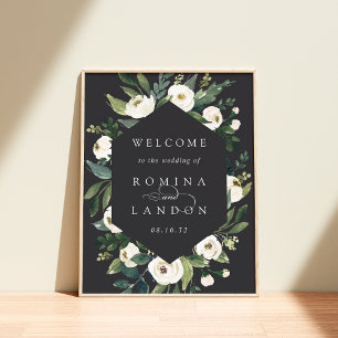 Póster Peonía blanca Bienvenida a Boda Floral acuarela