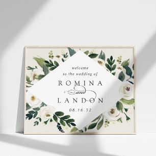 Póster Peonía blanca Bienvenida a Boda Floral acuarela