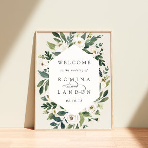 Póster Peonía blanca Bienvenida a Boda Floral acuarela