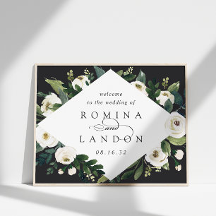 Póster Peonía blanca Bienvenida a Boda Floral acuarela