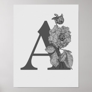 Póster Peonía de plata Elegante Monograma Inicial A