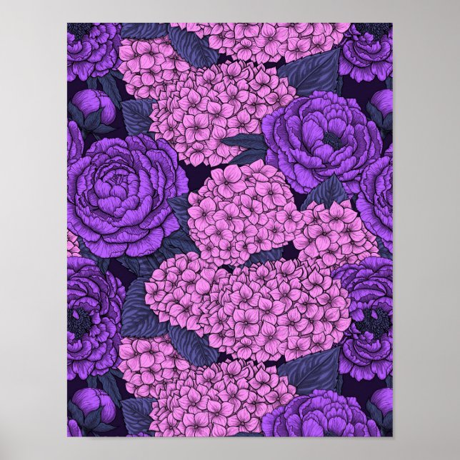 Póster Peonía e hidrangea en rosa y violeta (Frente)