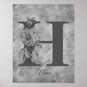 Póster Peonía Elegante Monograma Inicial H Personalizado