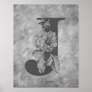 Póster Peonía Elegante Monograma Inicial J Personalizado