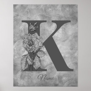 Póster Peonía Elegante Monograma Inicial K Personalizado