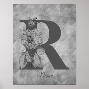 Póster Peonía Elegante Monograma Inicial R Personalizado