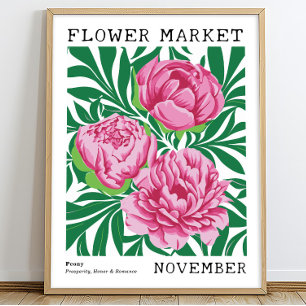 Póster Peonía floral rosa Noviembre Mercado de flores de