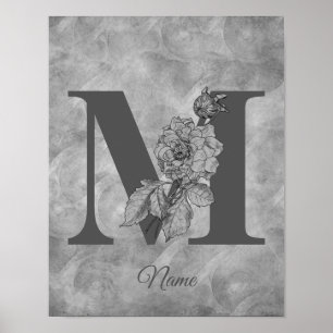 Póster Peonía Monograma Inicial Elegante M Personalizado