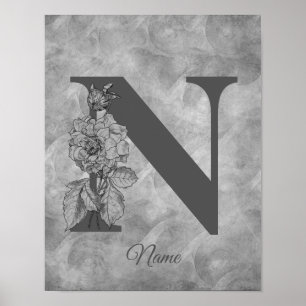 Póster Peonía Monograma Inicial Elegante N Personalizado