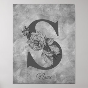 Póster Peonía Monograma Inicial Elegante S Personalizado