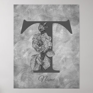 Póster Peonía Monograma Inicial Elegante T Personalizado
