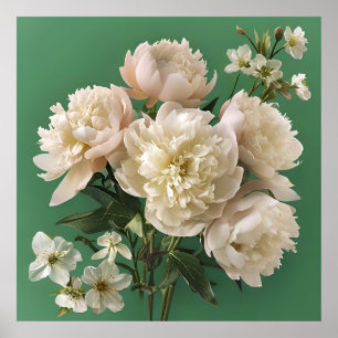 Póster Peonías Blancas Con Flores De Primavera En Verde