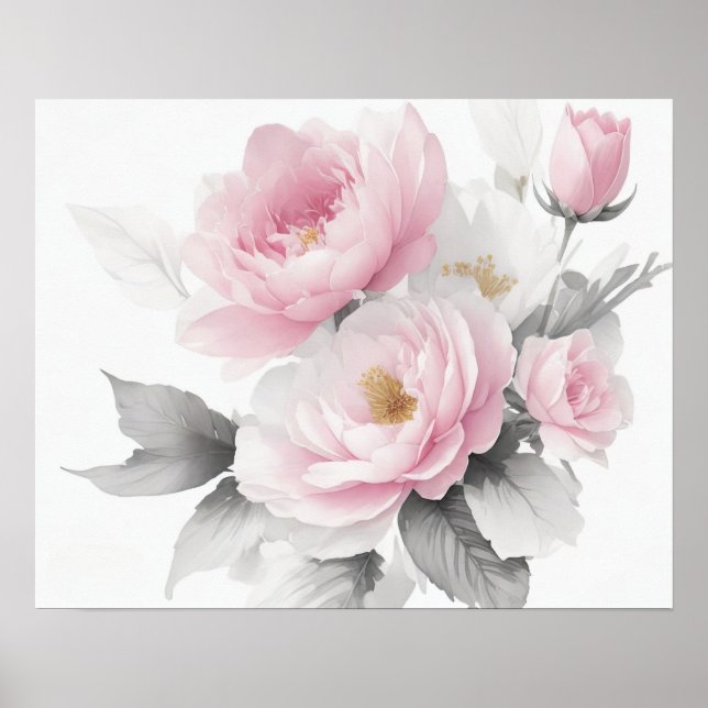 Póster Peonías rosadas al acuarela (Frente)