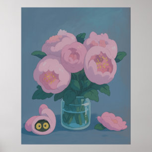 Póster Peonías rosadas con ojos de gato ocultos