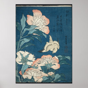 Póster Peonías y canario por Katsushika Hokusai 1834